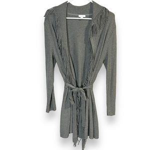 J. Jill Womens Petite S Gray Fringe Knit Cardigan Sweater Tie Waist Cotton Rayon